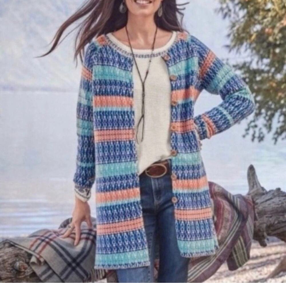 Sundance Women’s Longline Striped Cardigan Sweater Cotton Wool Blend Size Large